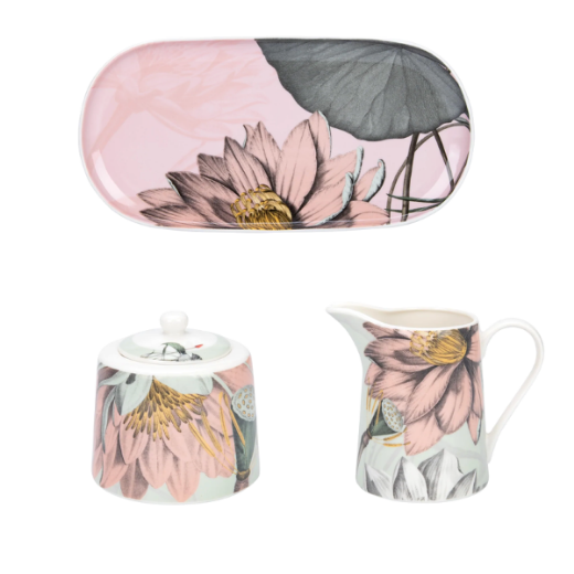 Padėklas, cukrinė ir indelis pienui „Natures Bloom“ paveikslėlis